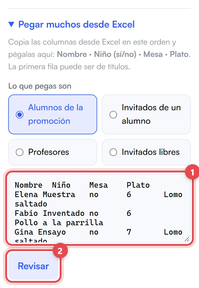 Cuadro para pegar desde Excel