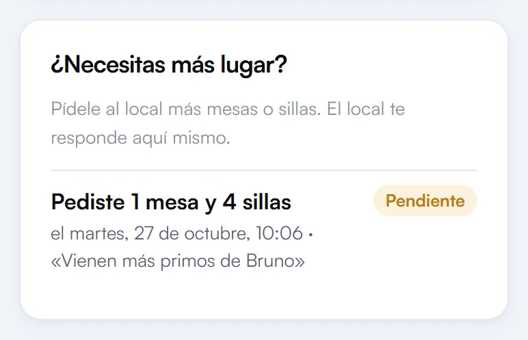 Pedido de más lugar enviado