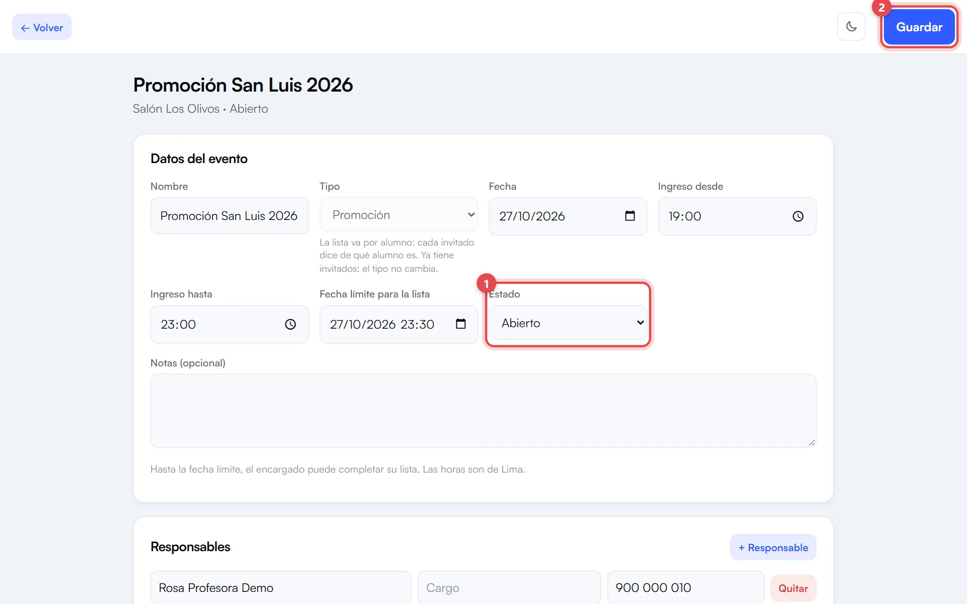 Ficha del evento