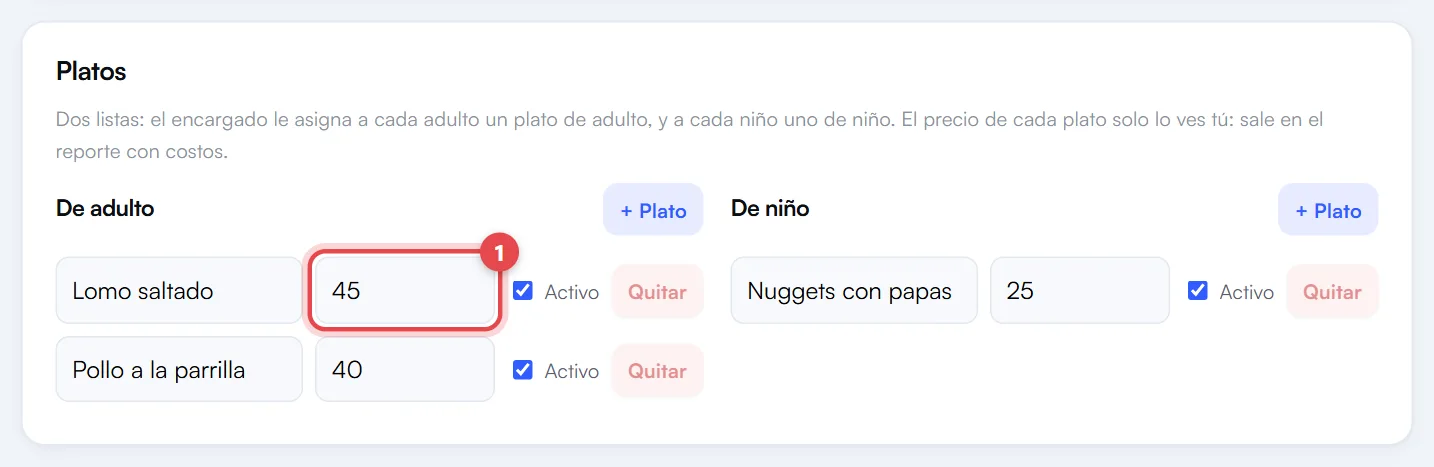 Platos del evento con precio