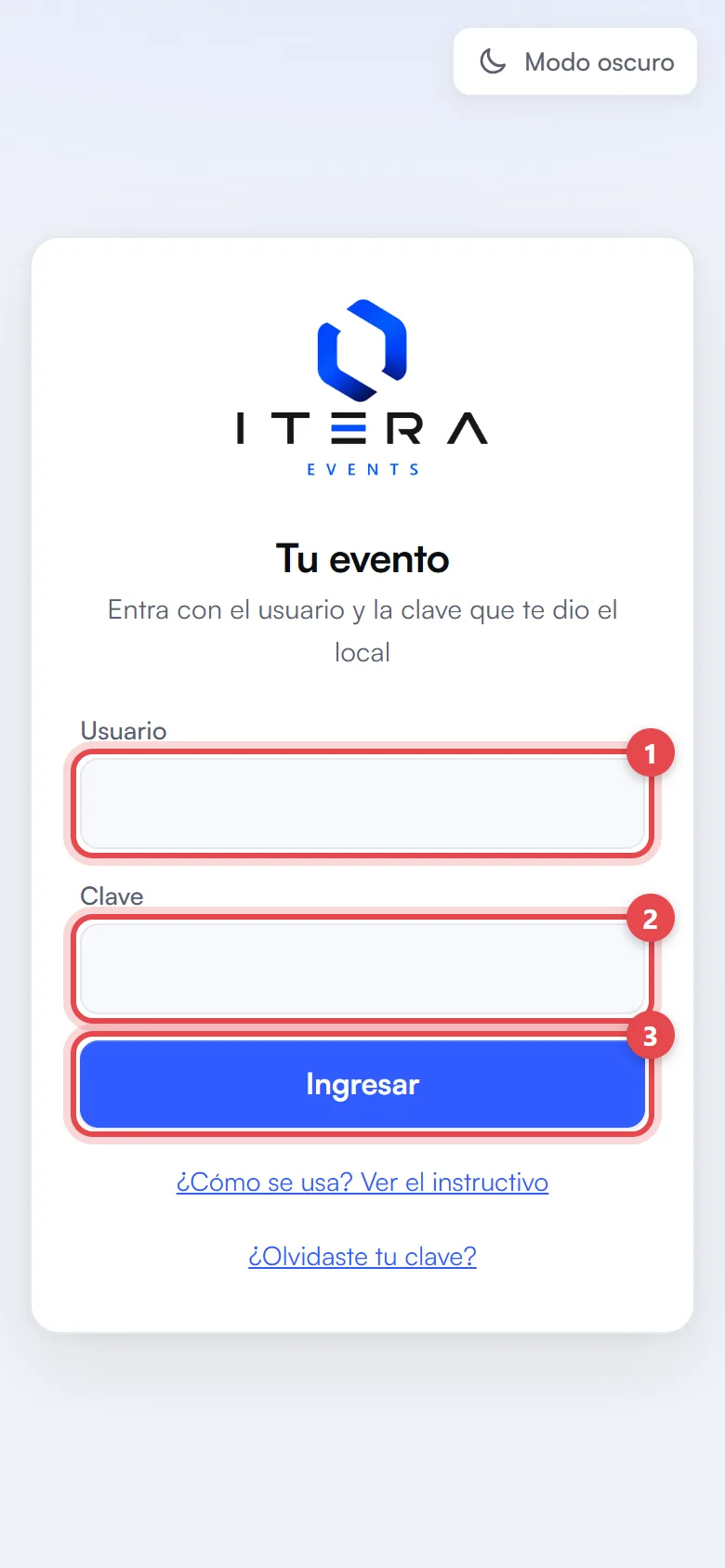 Pantalla para ingresar del encargado