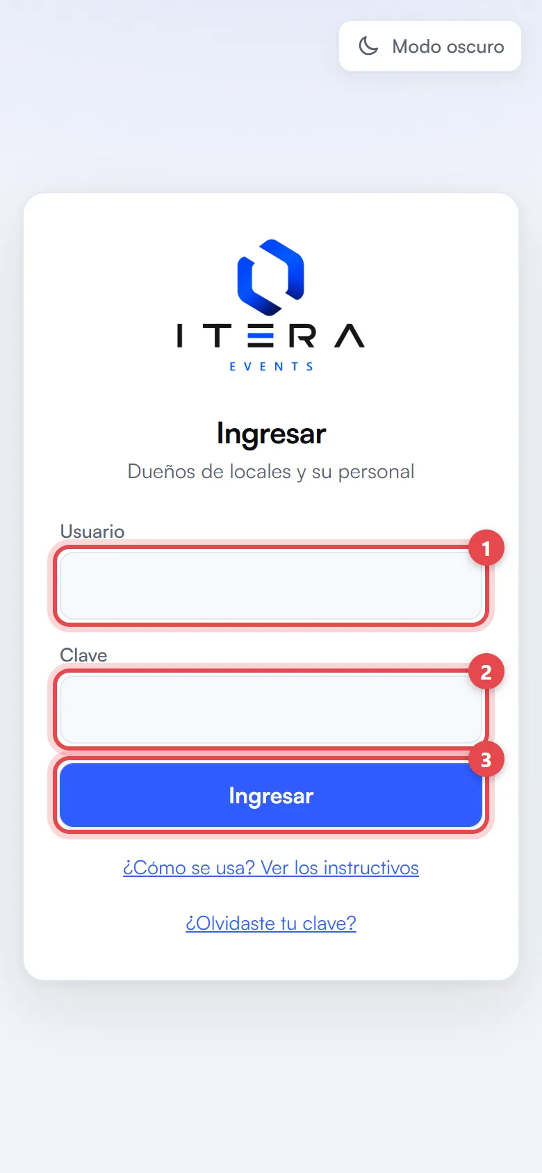 Pantalla para ingresar