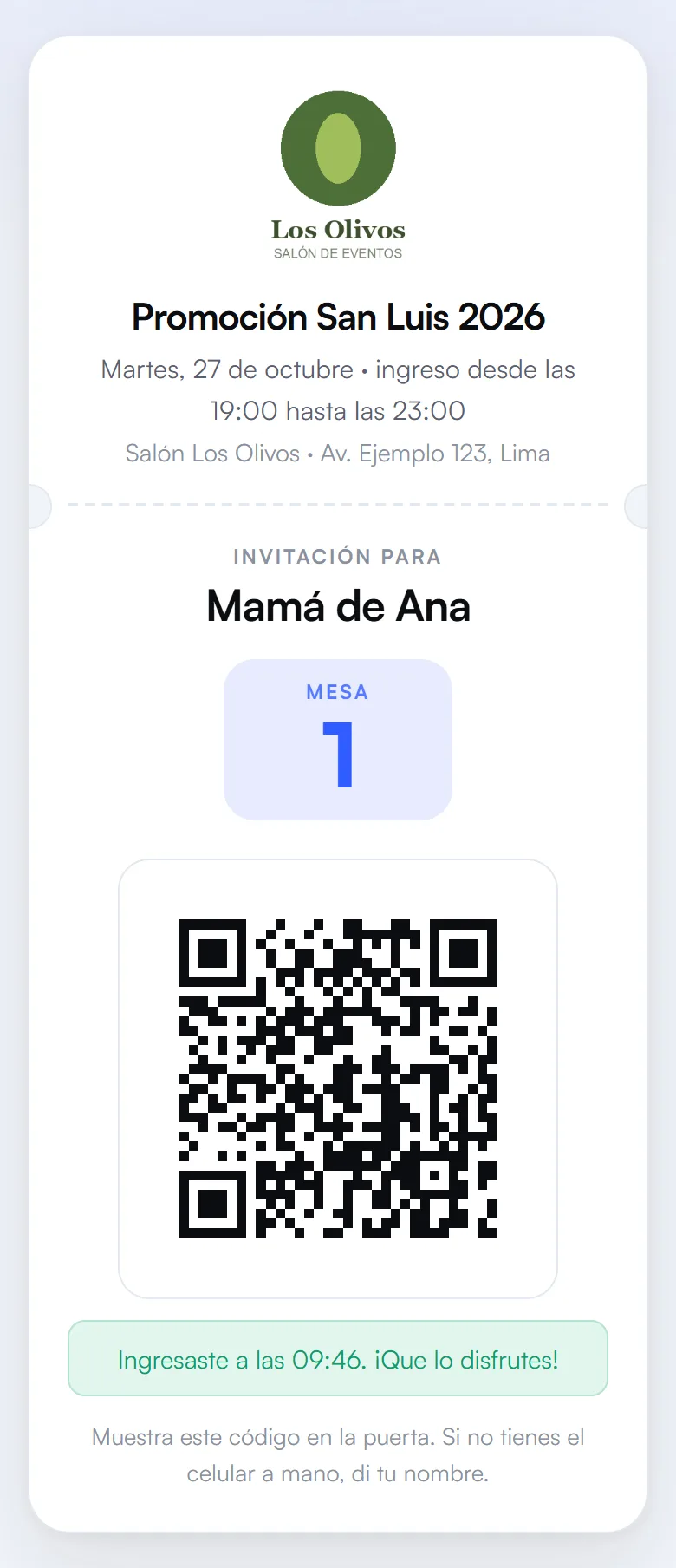 Invitación que recibe el invitado