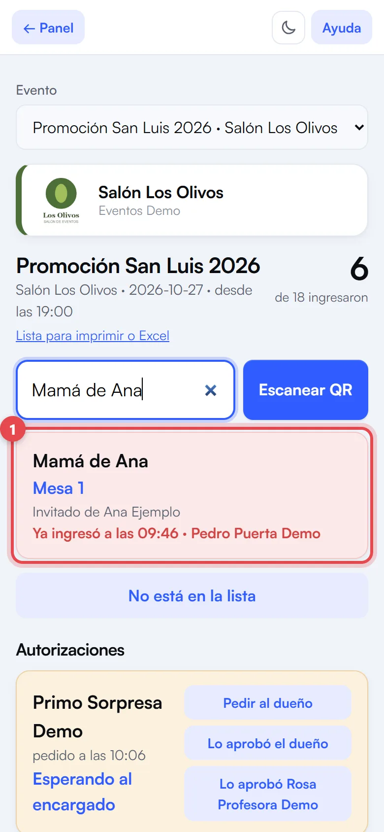 Invitado que ya ingresó